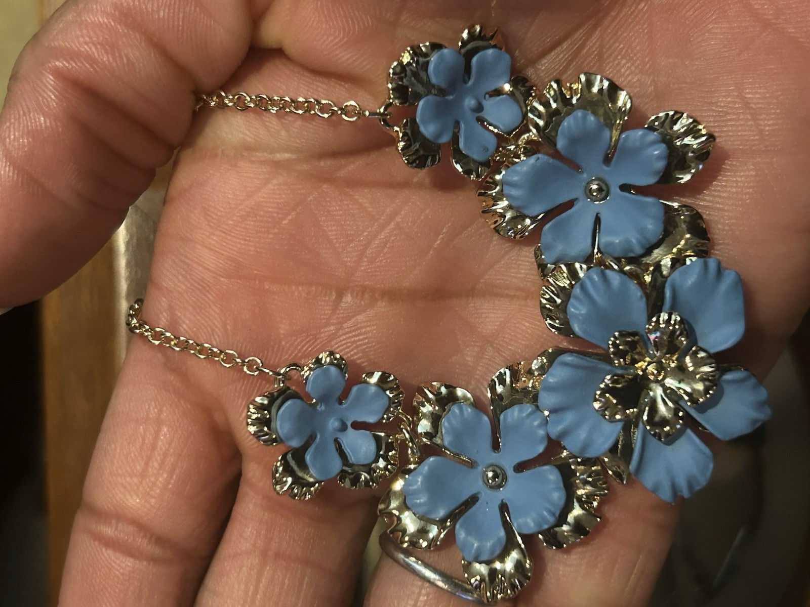 Chico’s Matte Baby Blue Enamel Floral Bib Necklace Statement Collar Gold Tone