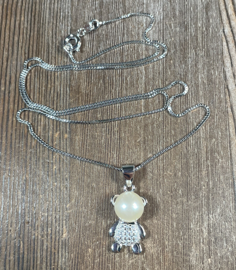 Teddy Bear Necklace Pendant Marked S925 Cream Pearl Crystal Rhinestones Silver