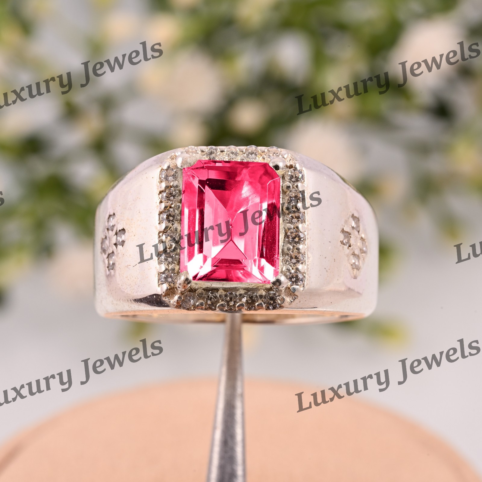 Pink Tourmaline Signet Ring for Men 925 Sterling Silver Handmade