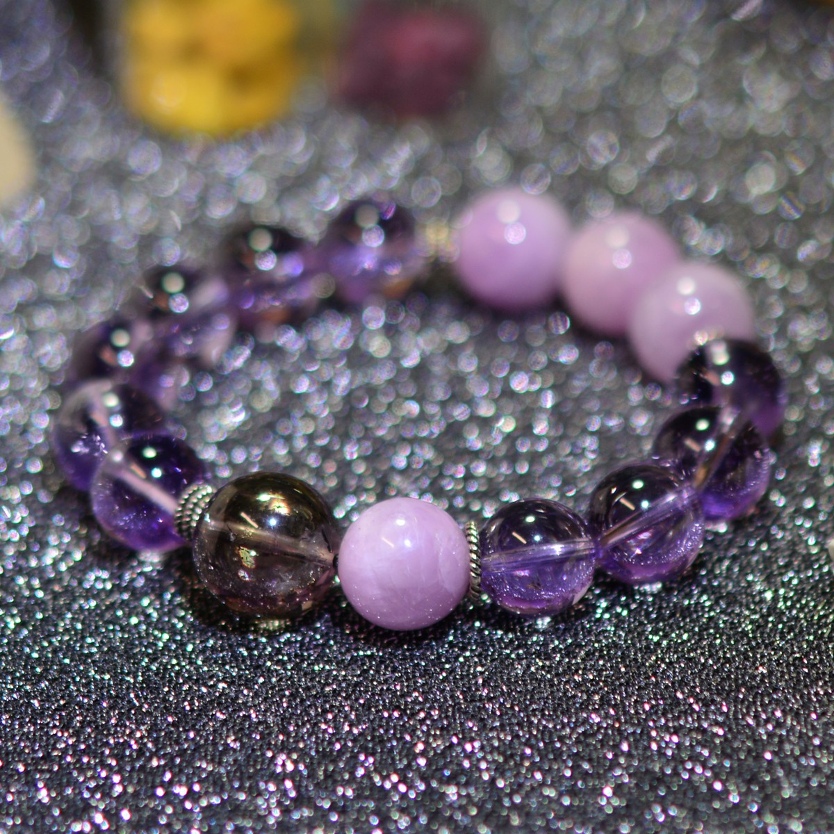 Women S925 Silver Natural Crystal Beaded Bracelet Amethyst Kunzite Super Seven