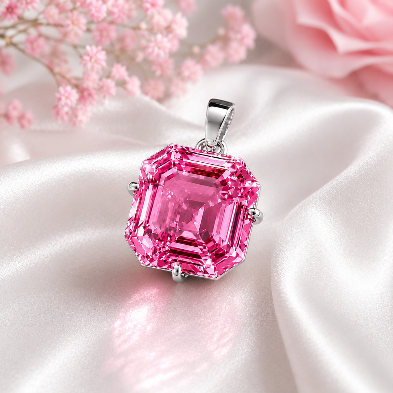 20CT Pink Sapphire Pendant, 925 Sterling Silver Necklace, Asscher Cut CERTIFIED
