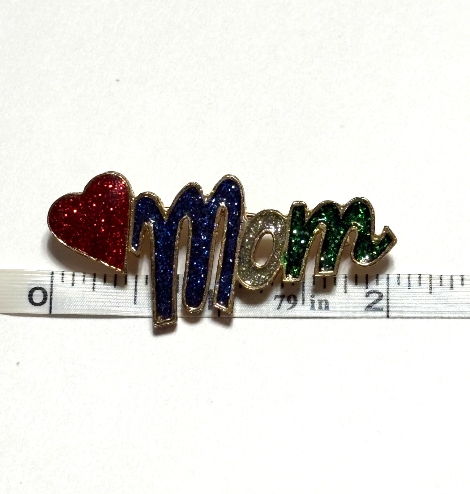 Vintage Gold Tone Red Green Blue Rhinestone “Mom” Pin Brooch Mother’s Day