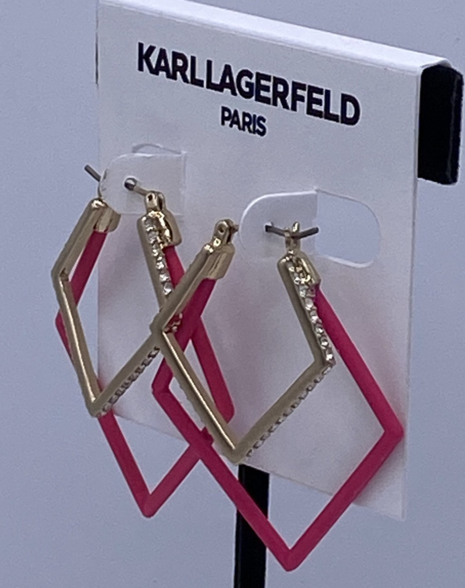 Karl Lagerfeld Paris Gold Tone / Pink Geometric Nested Hoop Earrings 2″ New