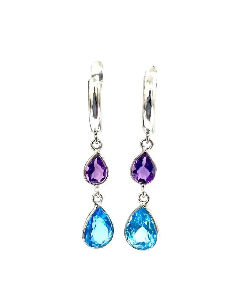 Blue Topaz Amethyst Earrings 925 Sterling Silver, Pear Teardrop Dangle Earrings
