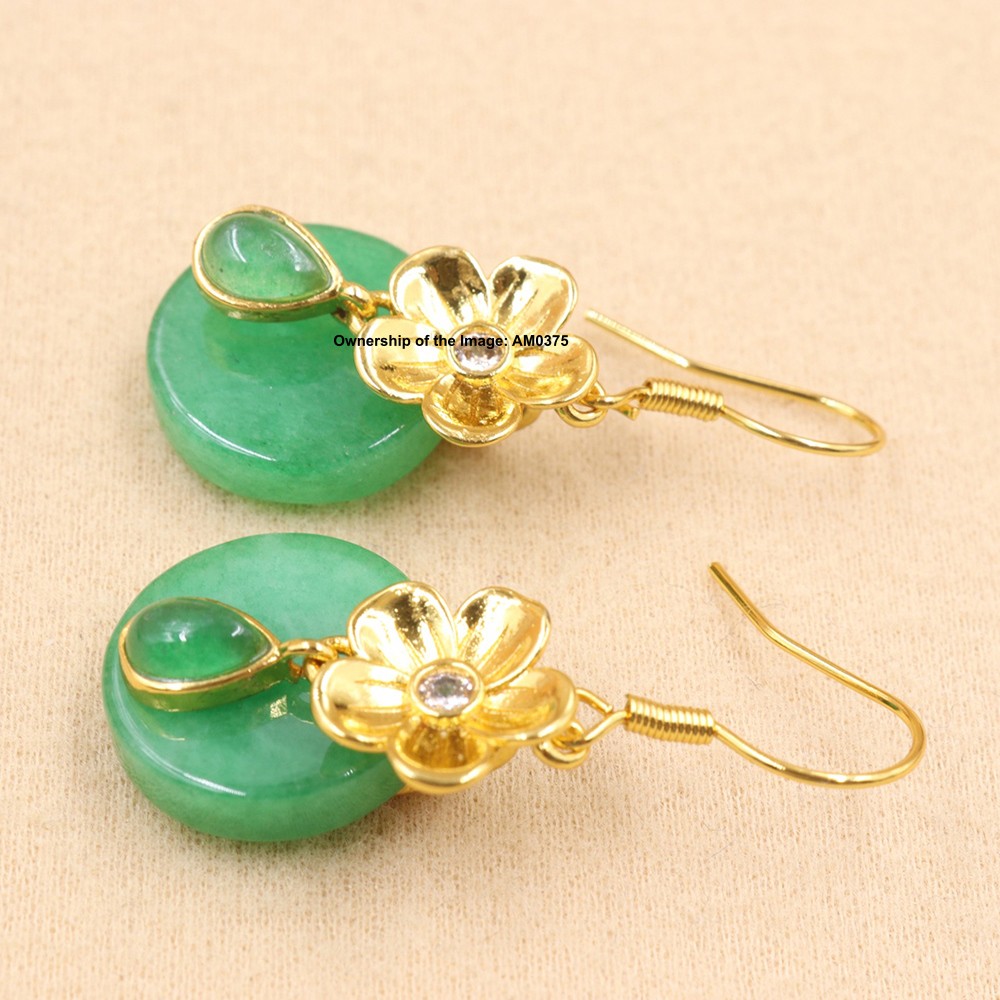 New Yellow Alloy Flower Women’s Heated Green Jade Dangle Earrings Hook Earrings