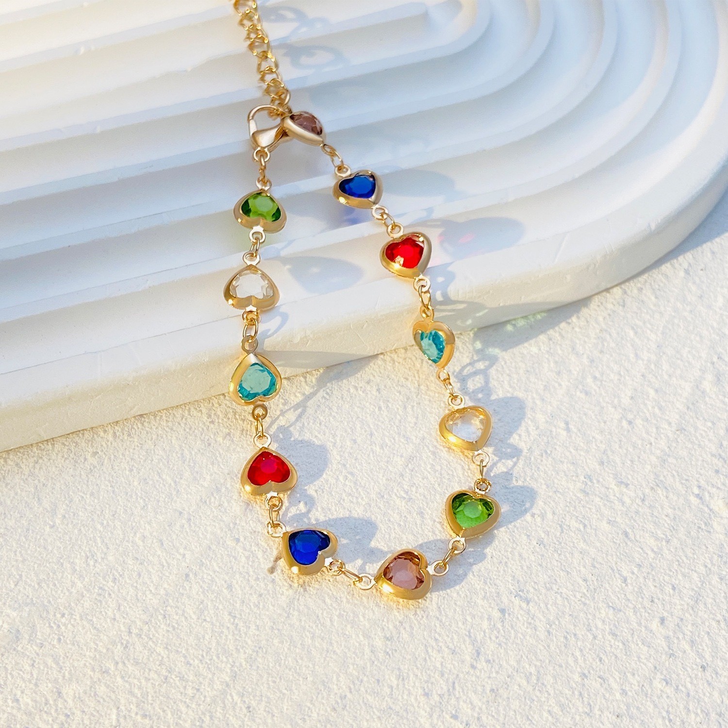Colorful Shiny Cubic Zirconia Heart Design Beaded Bracelet