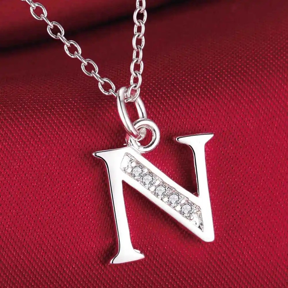 925 Sterling Silver Initial A-Z Letter Pendant Necklace CZ Personalized 18″ N162