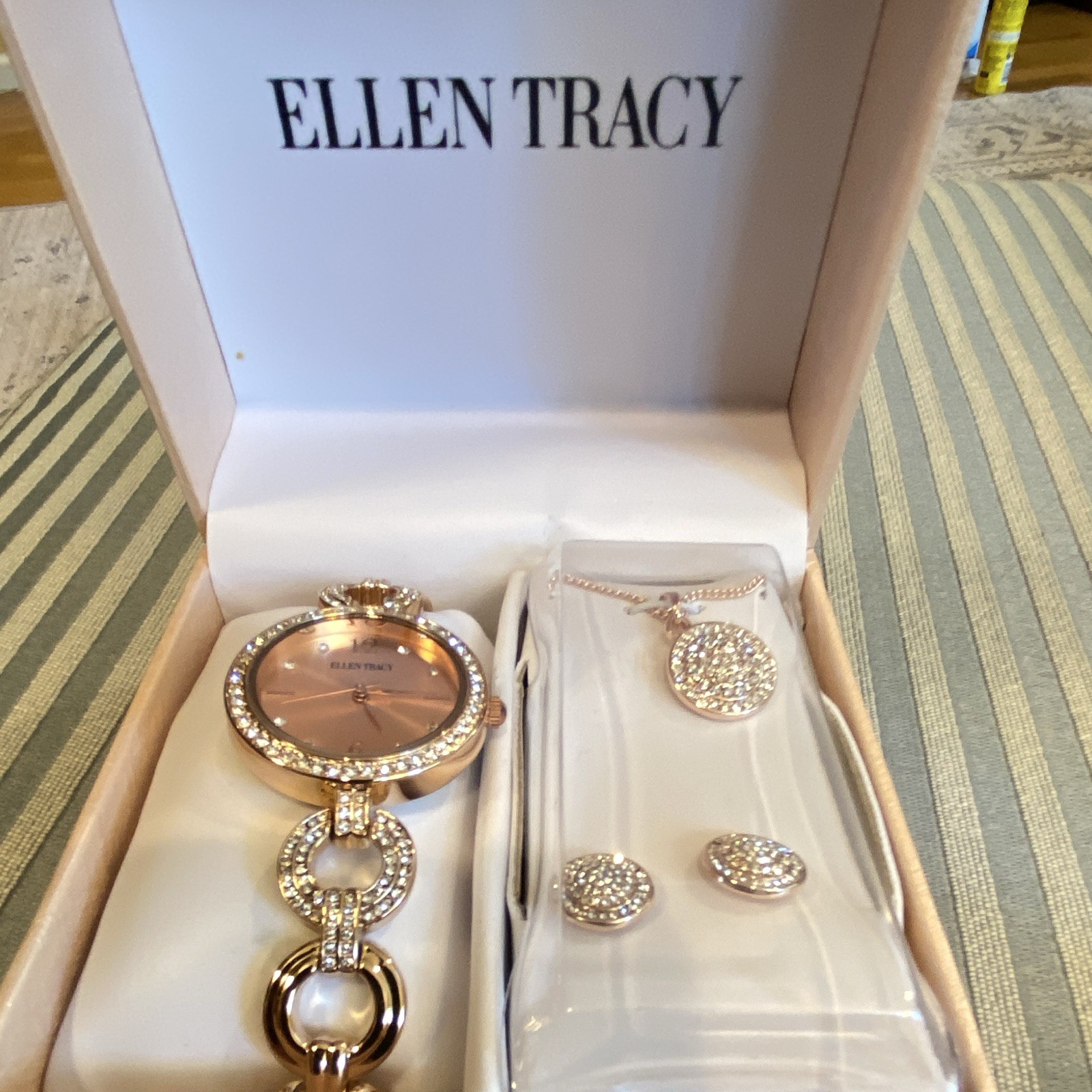 Ellen Tracy Rose Gold Tone Clear Rhinestone Necklace & Earrings Set ETJ8136RG