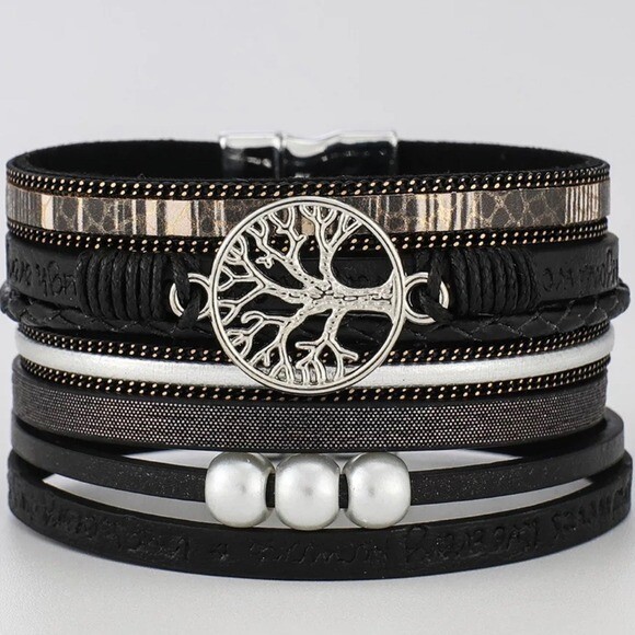 Multilayer Leather Bangle Magnetic Clasp Bracelet for Men or Women 7.5in Black