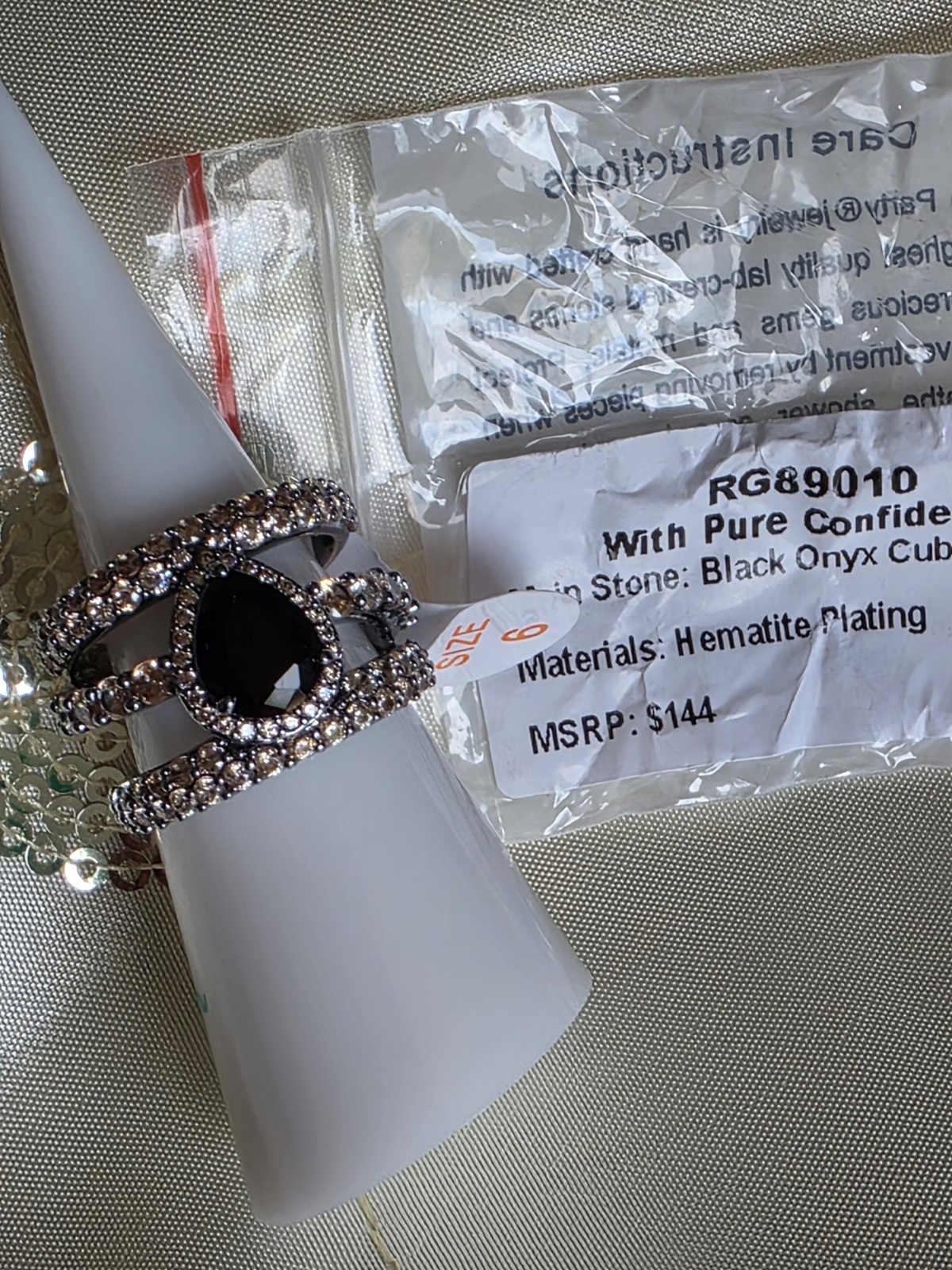 Hematite Plated Black Onyx Pear & CZ Prong Cocktail Statement Ring 6 RG89010