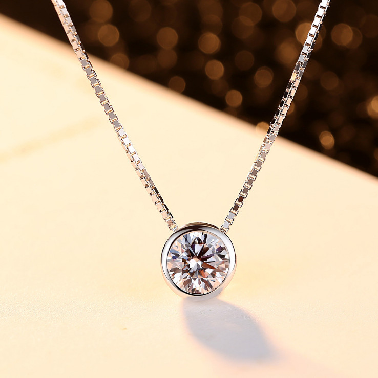 S925 Sterling Silver Dainty Bezel CZ Solitaire Pendant Necklace 16″ Chain PE56