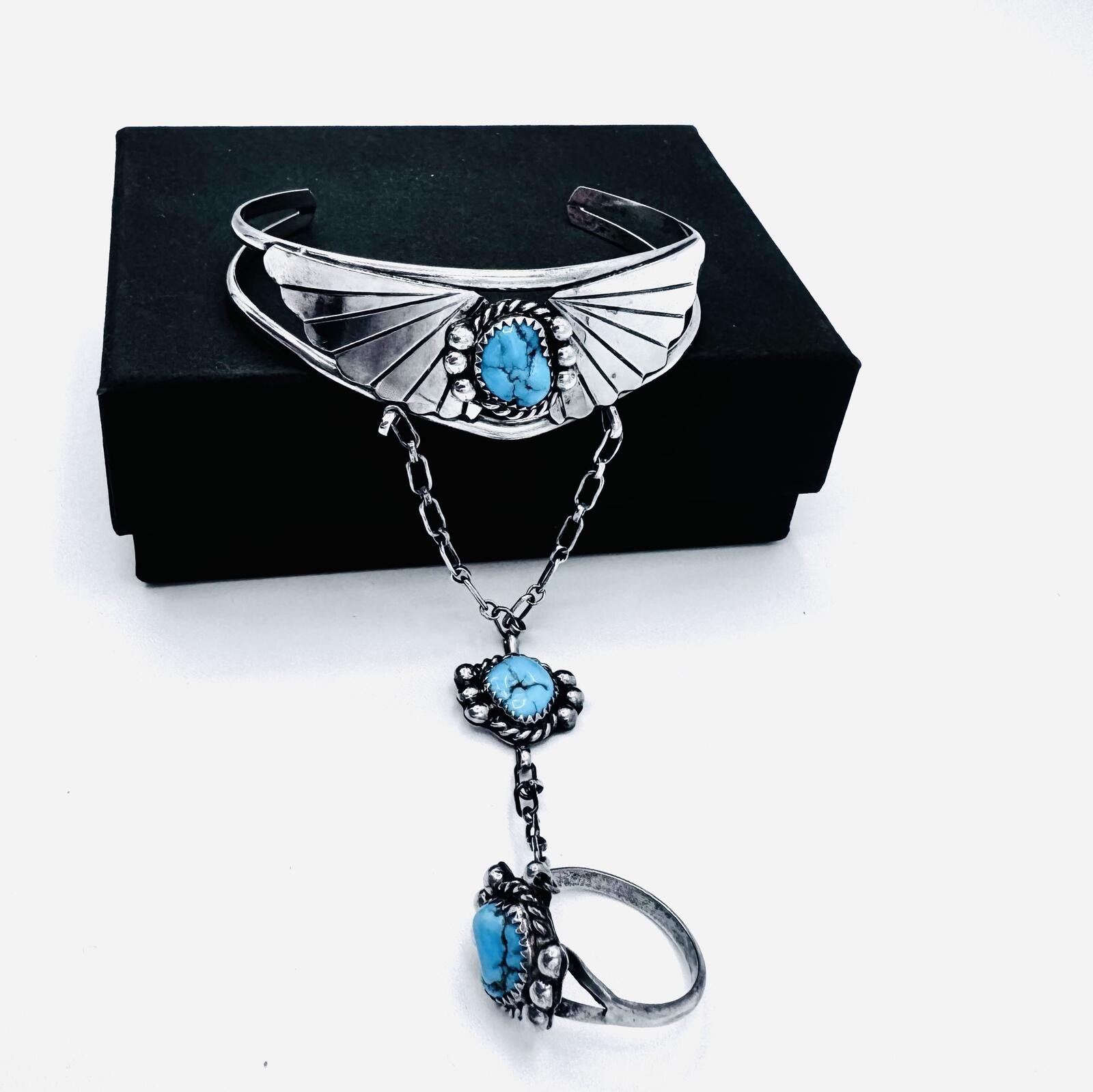 Navajo Native American sterling silver slave cuff;bracelet to hand chain to ring