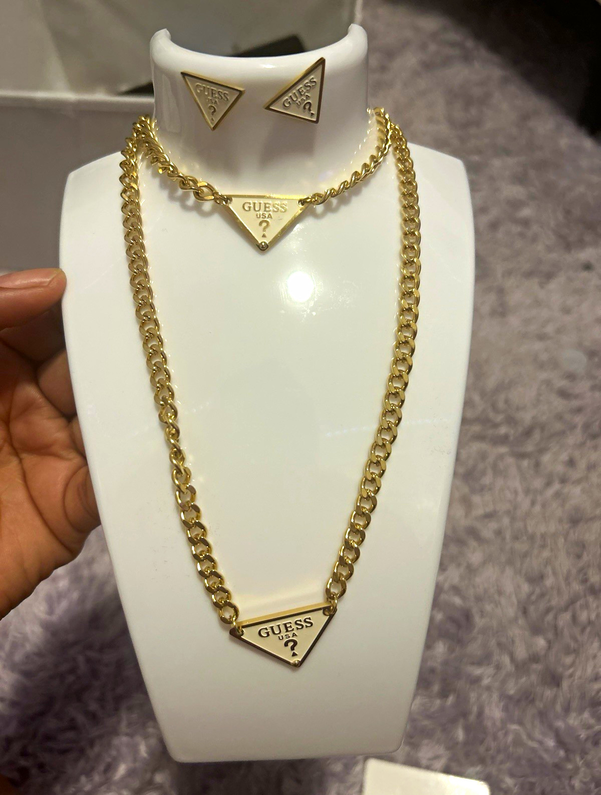 GUESS Signed Gold Tone Triangle Logo Necklace & Triangle Stud Earrings Set
