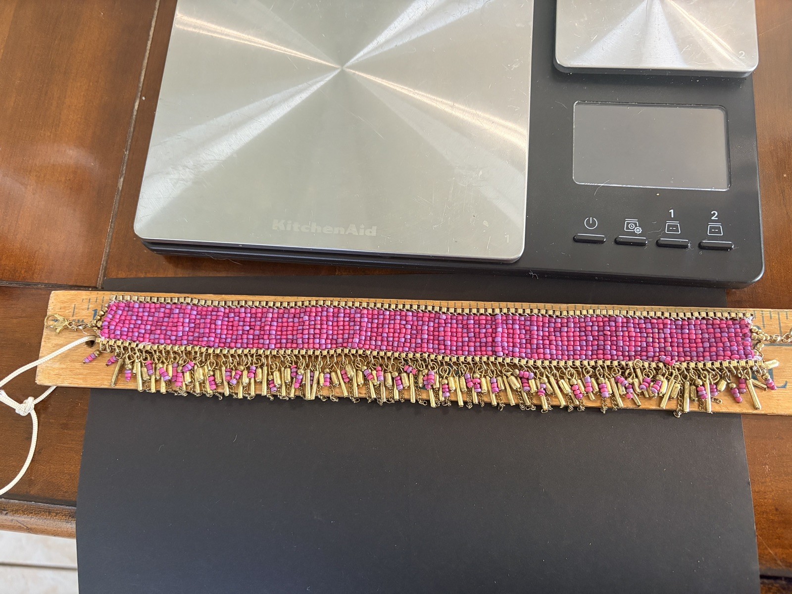 Pink and gold-tone beaded fringe statement necklace, metallic beads, 18 3/4″