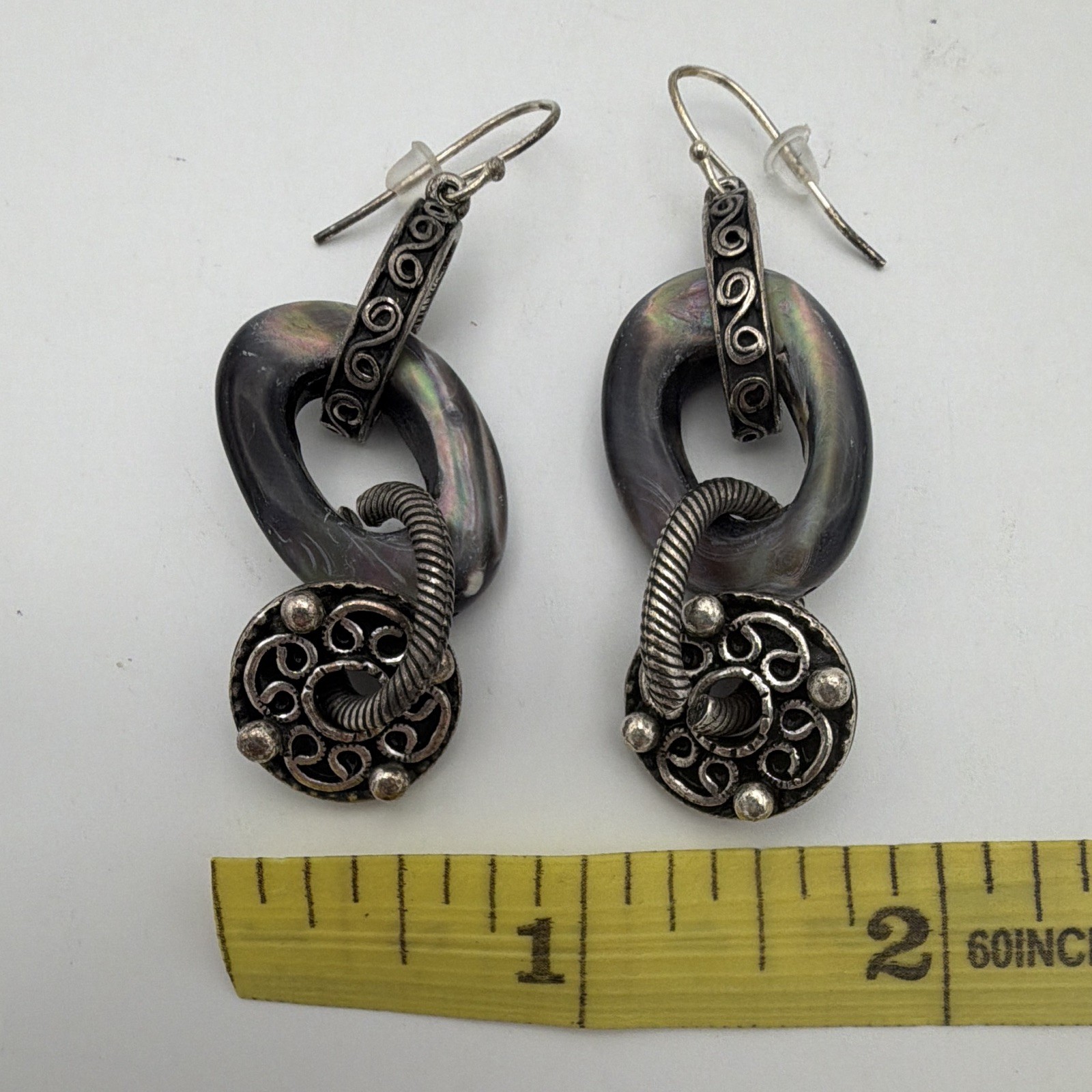 Chico’s Silver Tone Black Oval Dangle Drop Earrings Hook Closure Metal