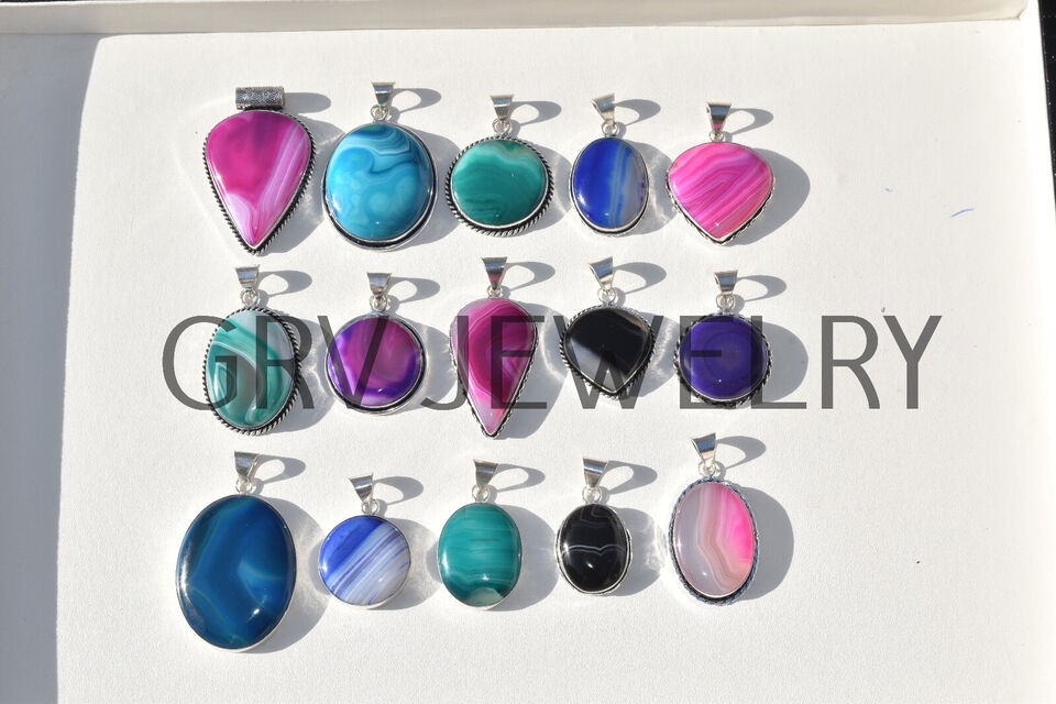 1-1000 Pcs Banded Agate Gemstone Handmade Pendant Lot Bulk: Silver Plated WH-5