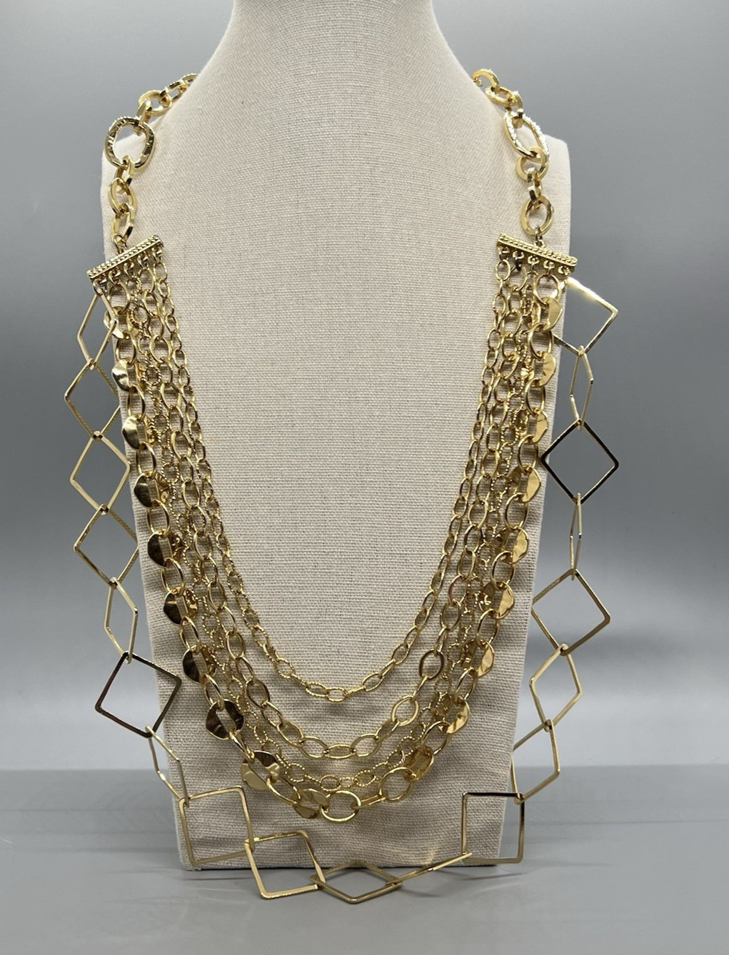 Bold Multi-Strand Gold Tone Statement Necklace Open Geometric Link Layerer