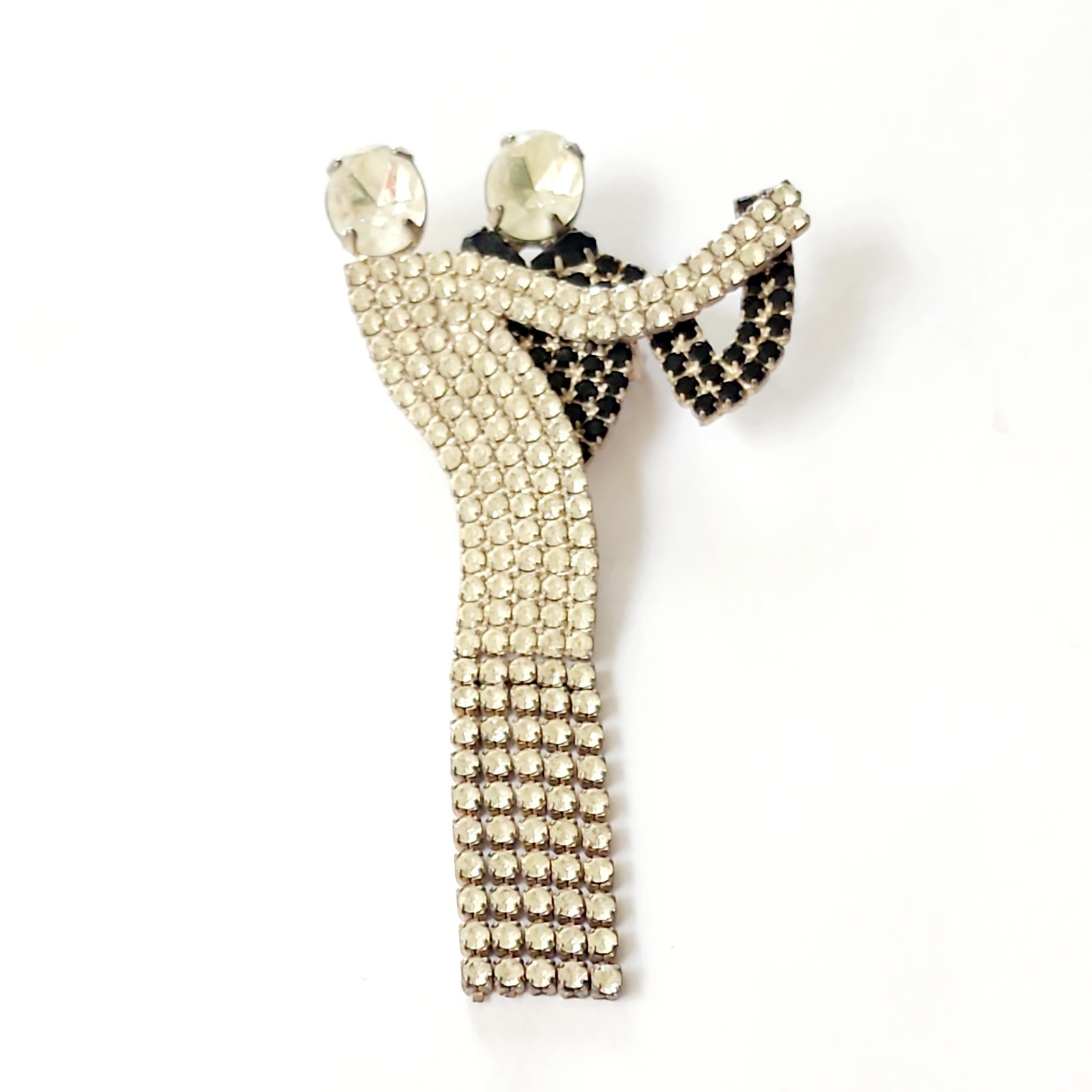 Art Deco Brooch Dancing Black And White Rhinestone Encrusted Moving Couple Pin