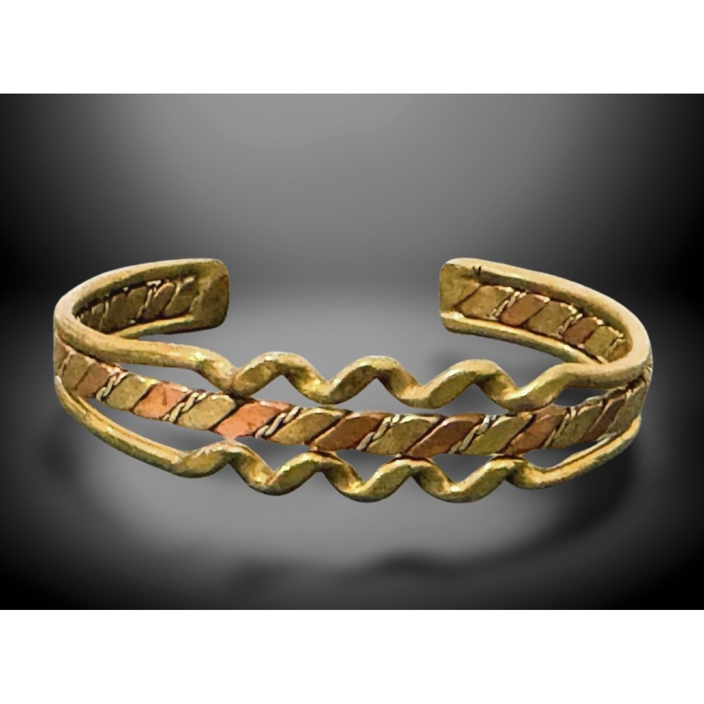 Mixed Metal Gold Copper Silver Tone Cuff Bracelet Unisex 7in Twisted Wavy