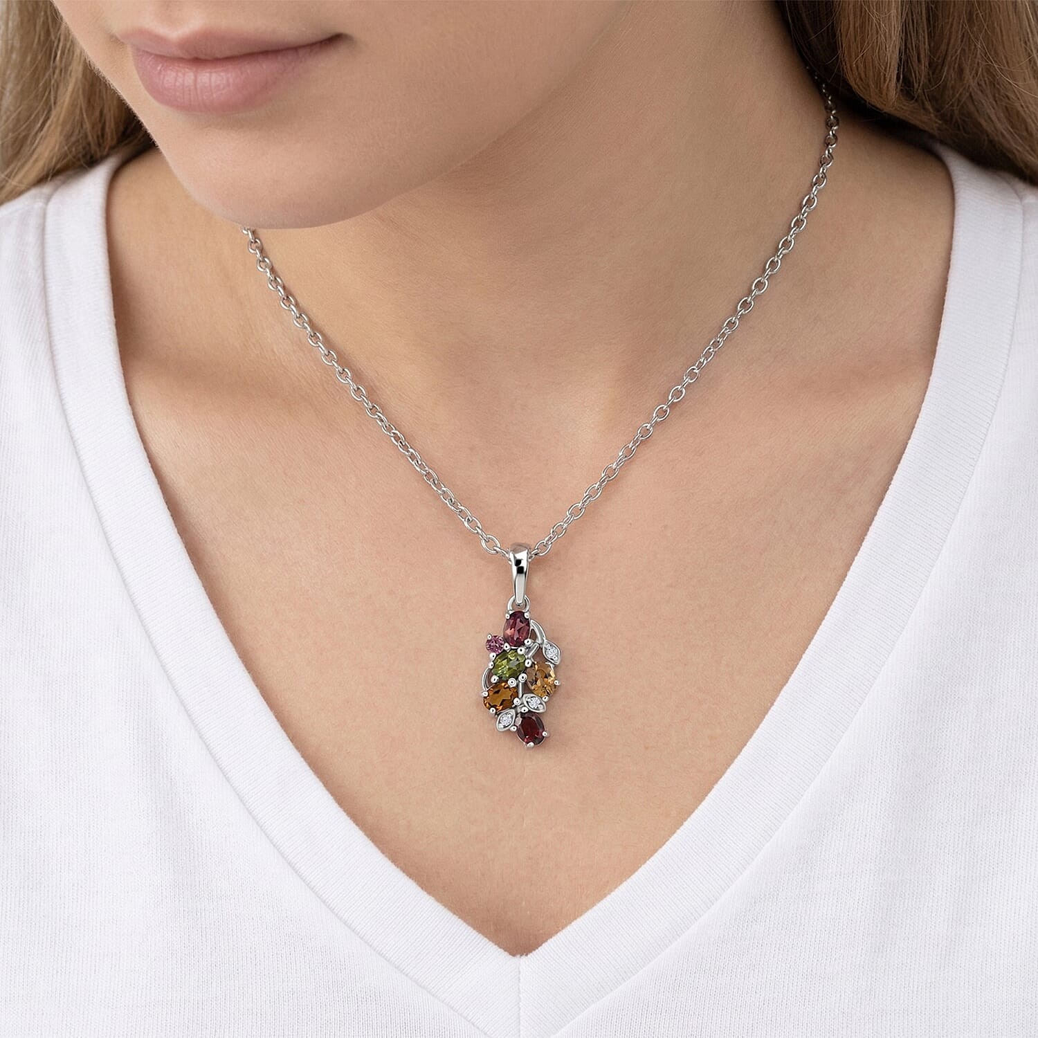 Multi-Tourmaline White Zircon 1.00 ctw Necklace in Rhodium Sterling Silver 20 In