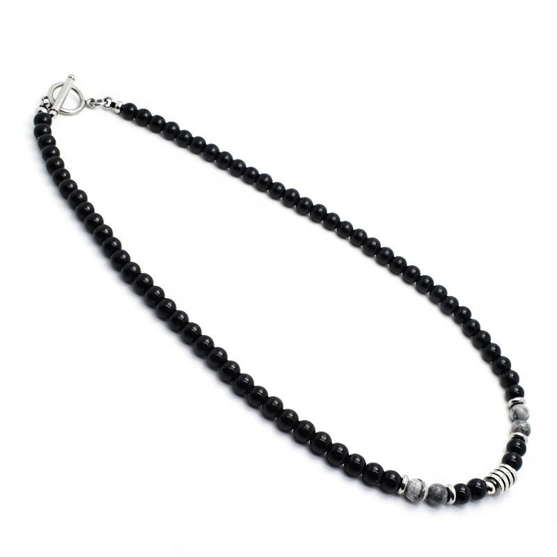 Black Agate Crystal Bead Men Necklace in Stainless Steel