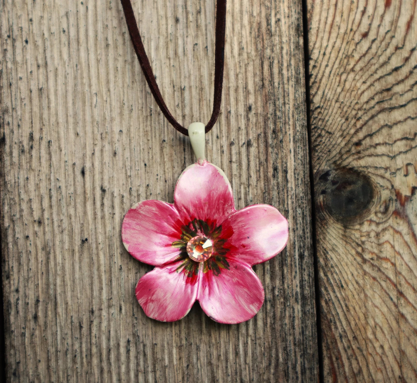 Handmade Large Flower Pendant Leather Necklace Painted Floral Bohemian Jewelry