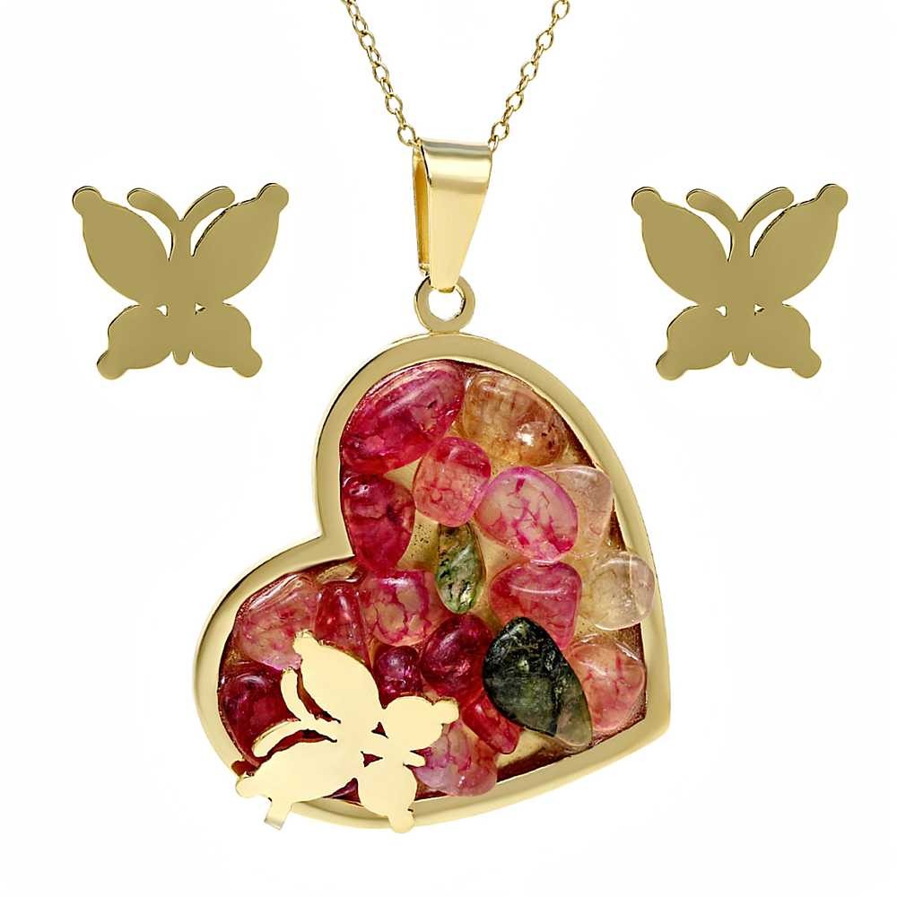 Gorgeous 2pc Bright Stone Heart Butterfly Pendant Set With Matching Earrings