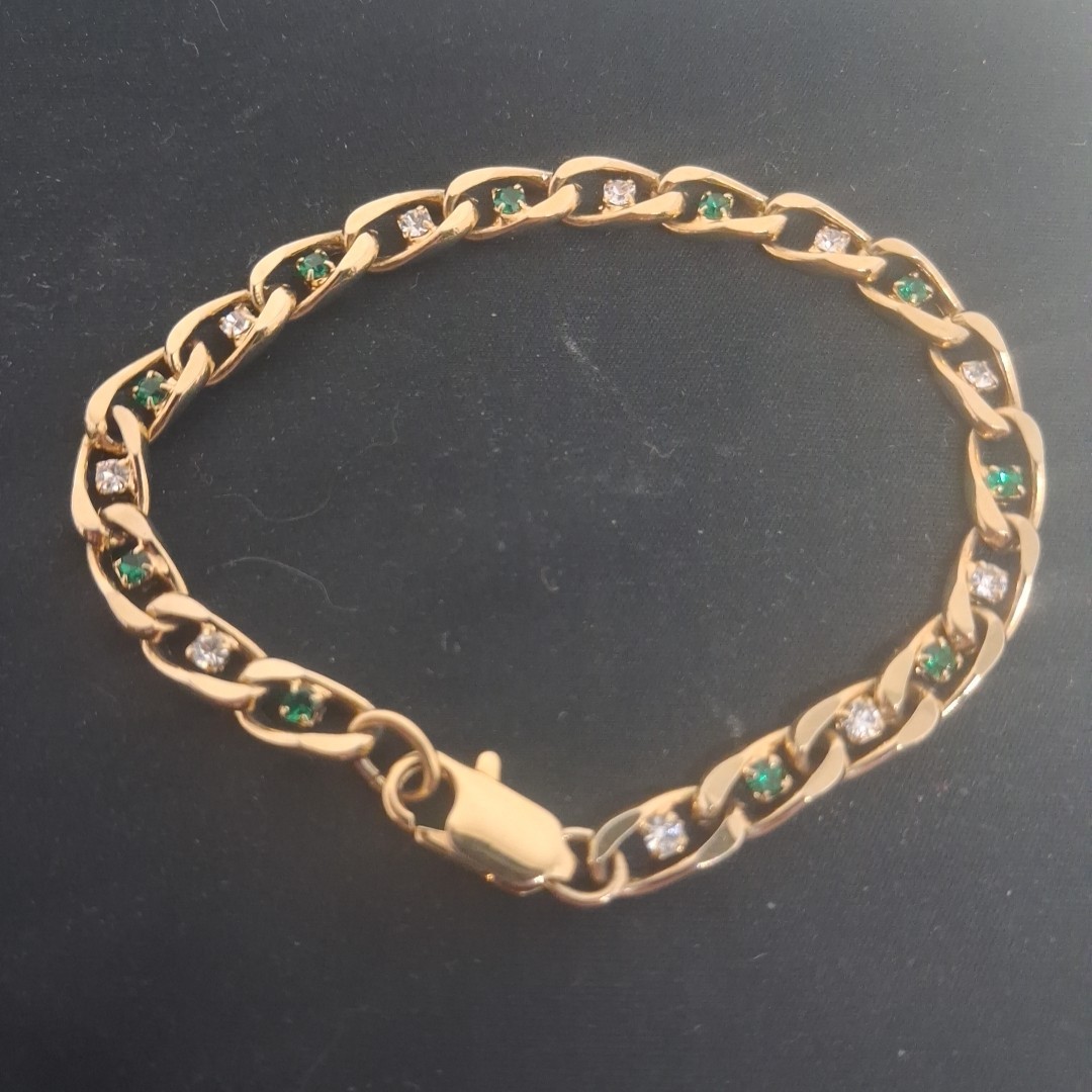 Vintage Gold Tone Mariner Link Bracelet Green Clear Crystal Accents No Stamp…