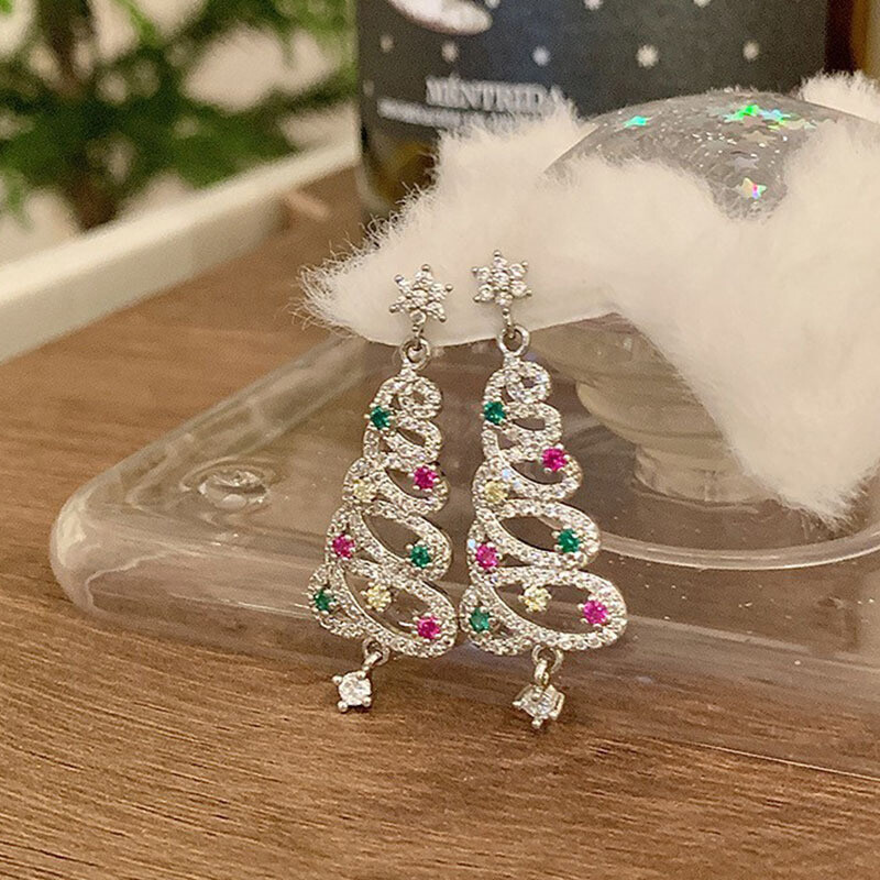 2025 Xmas 925 Silver Crystal Christmas Tree Earrings Drop Dangle Women Jewelry
