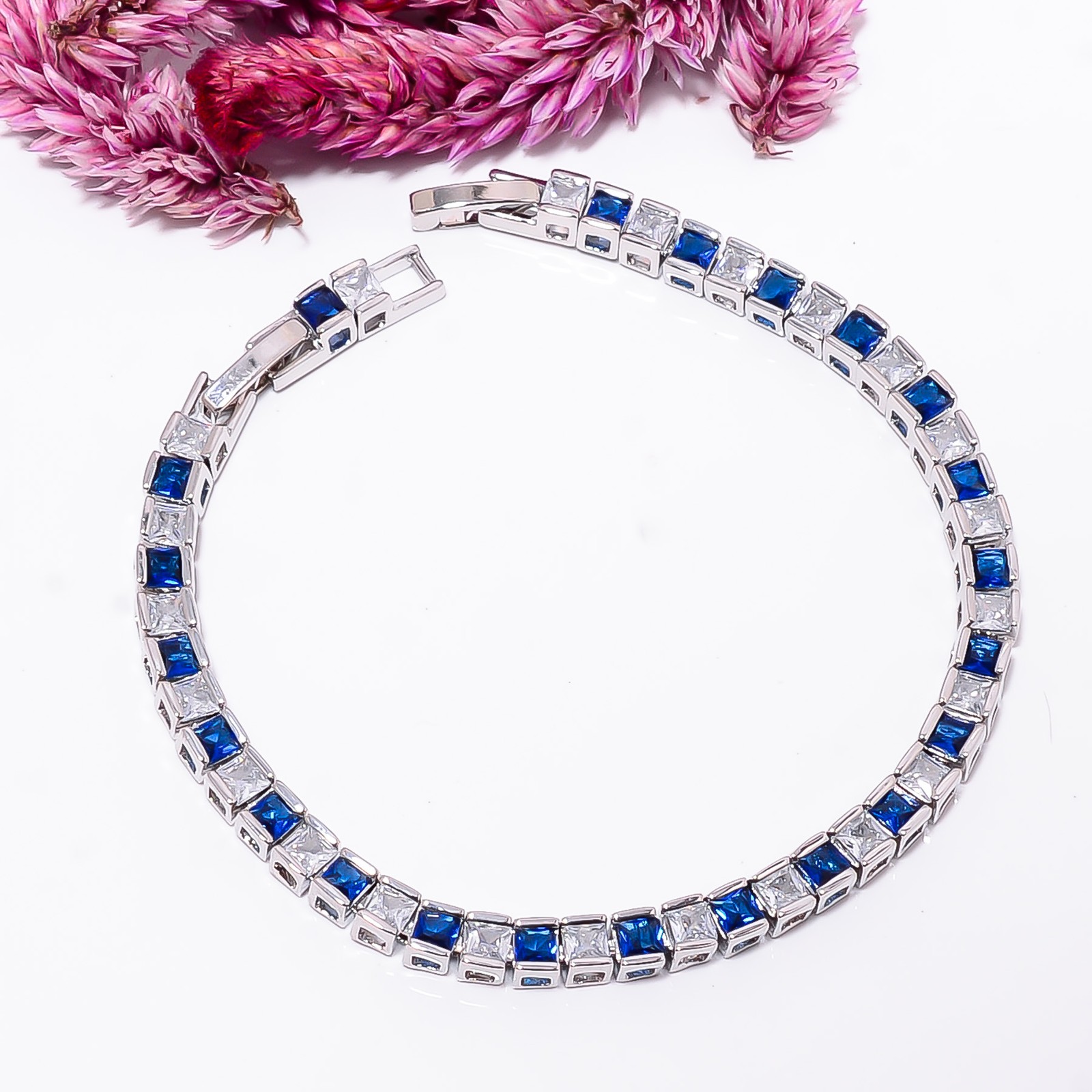 Blue Sapphire -Simulated, CZ 925 Sterling Silver Adjustable Bracelet 7-8″ B0010