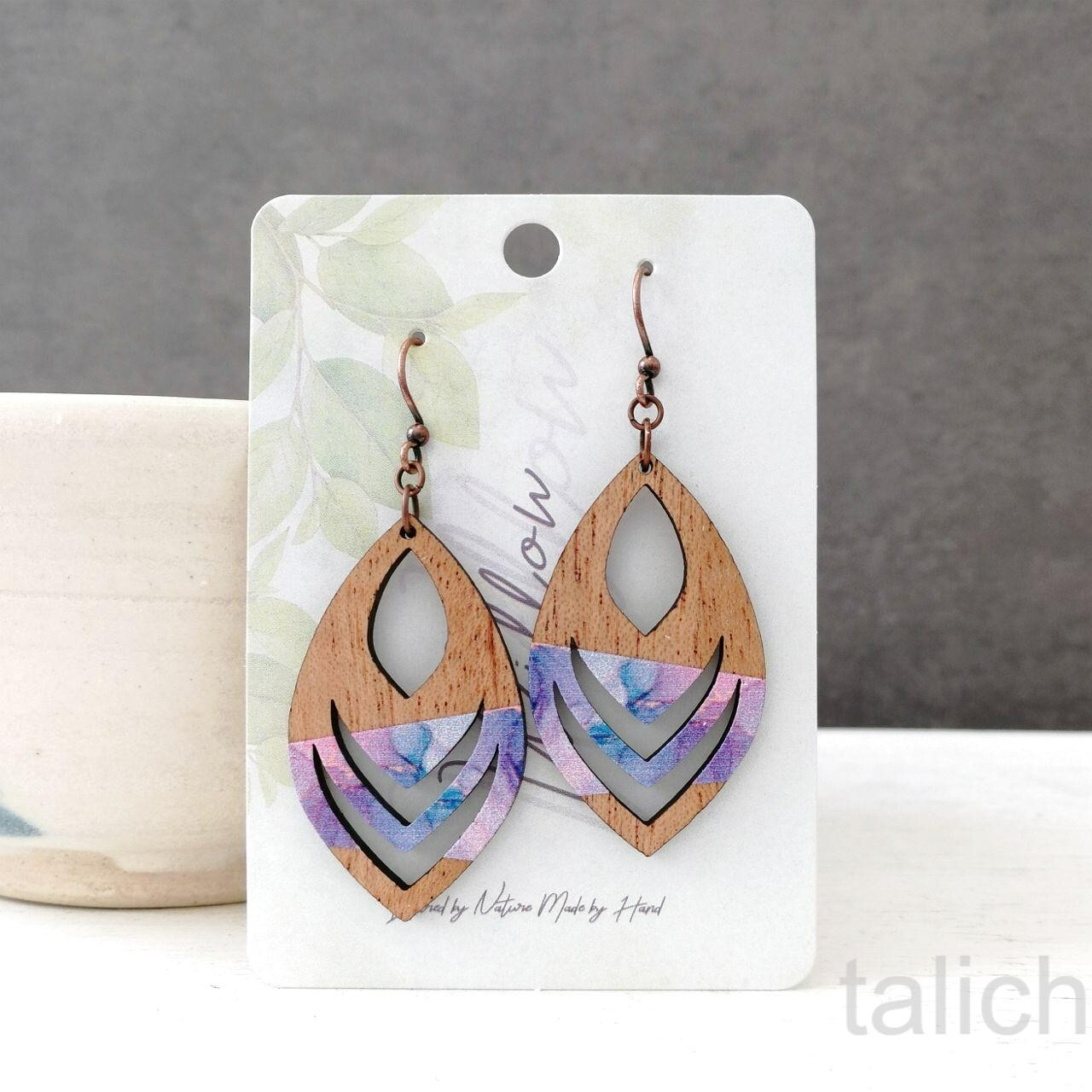 DC Designs Cutout Mahogany Wood Earrings Pink Purple Art Print Boho Chic E43M