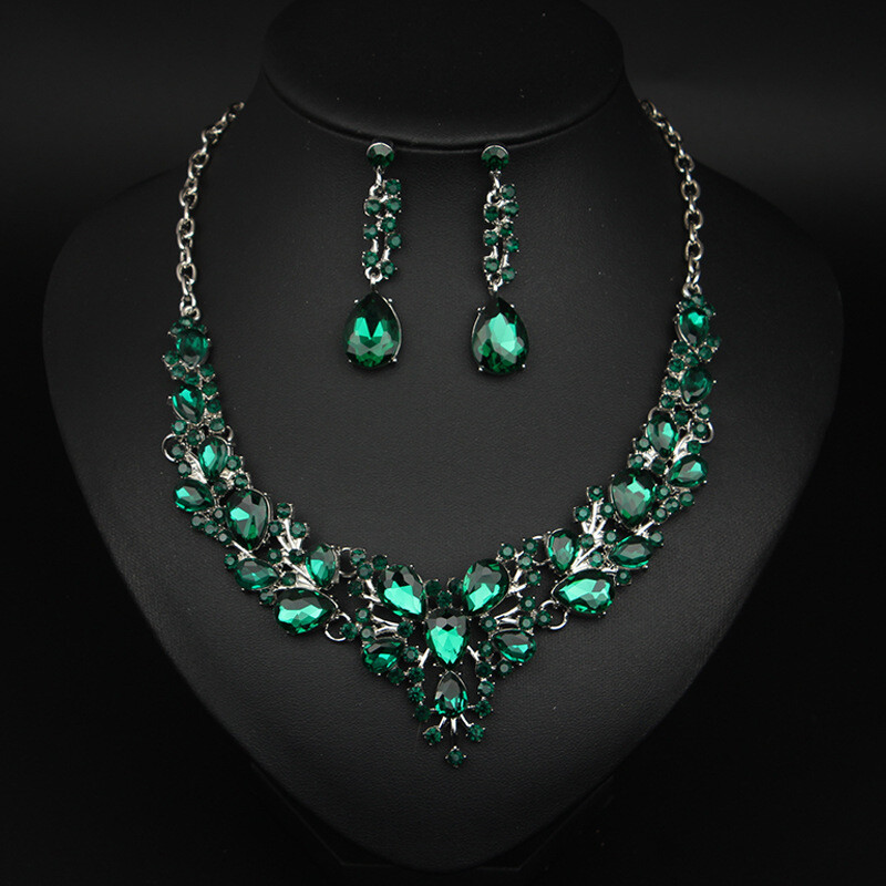 Crystal Gem Necklace Earrings Bridal Jewelry Set Statement Christmas Party Gift