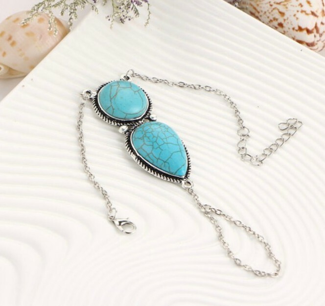 New Bohemian Beach Retro Ethnic Blue Green Stone Fingered Bracelets Hand Jewelry