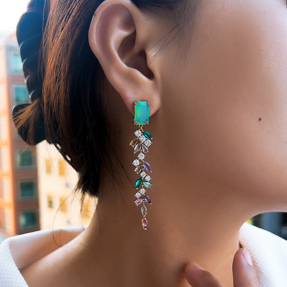 CZ Green Baguette Multicolor Leaf Long Drop Earrings Gold Plated Wedding Jewelry
