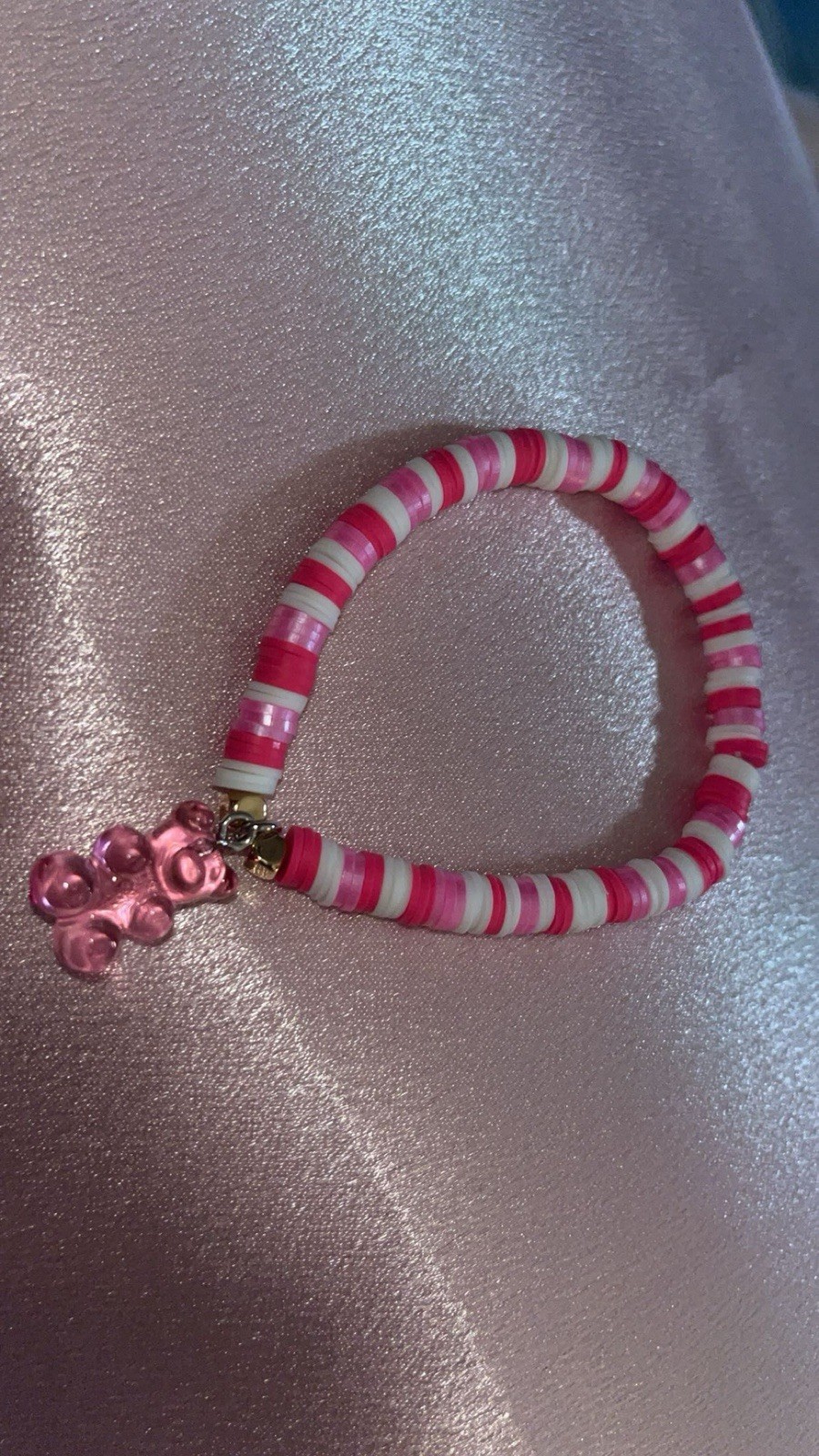 Pink White Stretch Beaded Charm Bracelet Plastic Bear Dangle Animal Theme