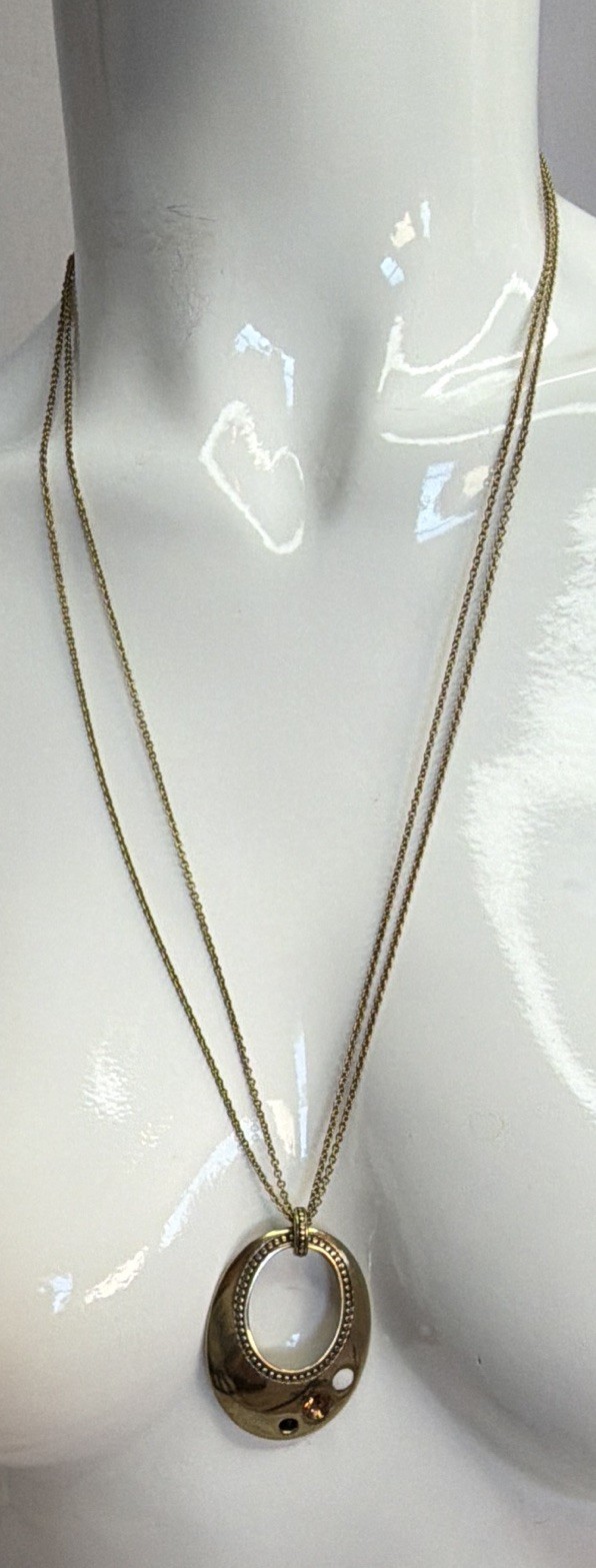 Lia Sophia Gold Tone Circle Pendant Necklace with Rhinestone Accents Long Chain