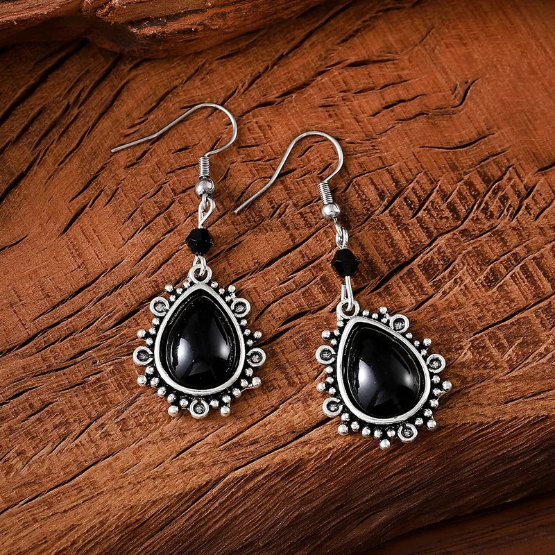 Ladies Fashion Retro Water Droplet Hook Earrings Black