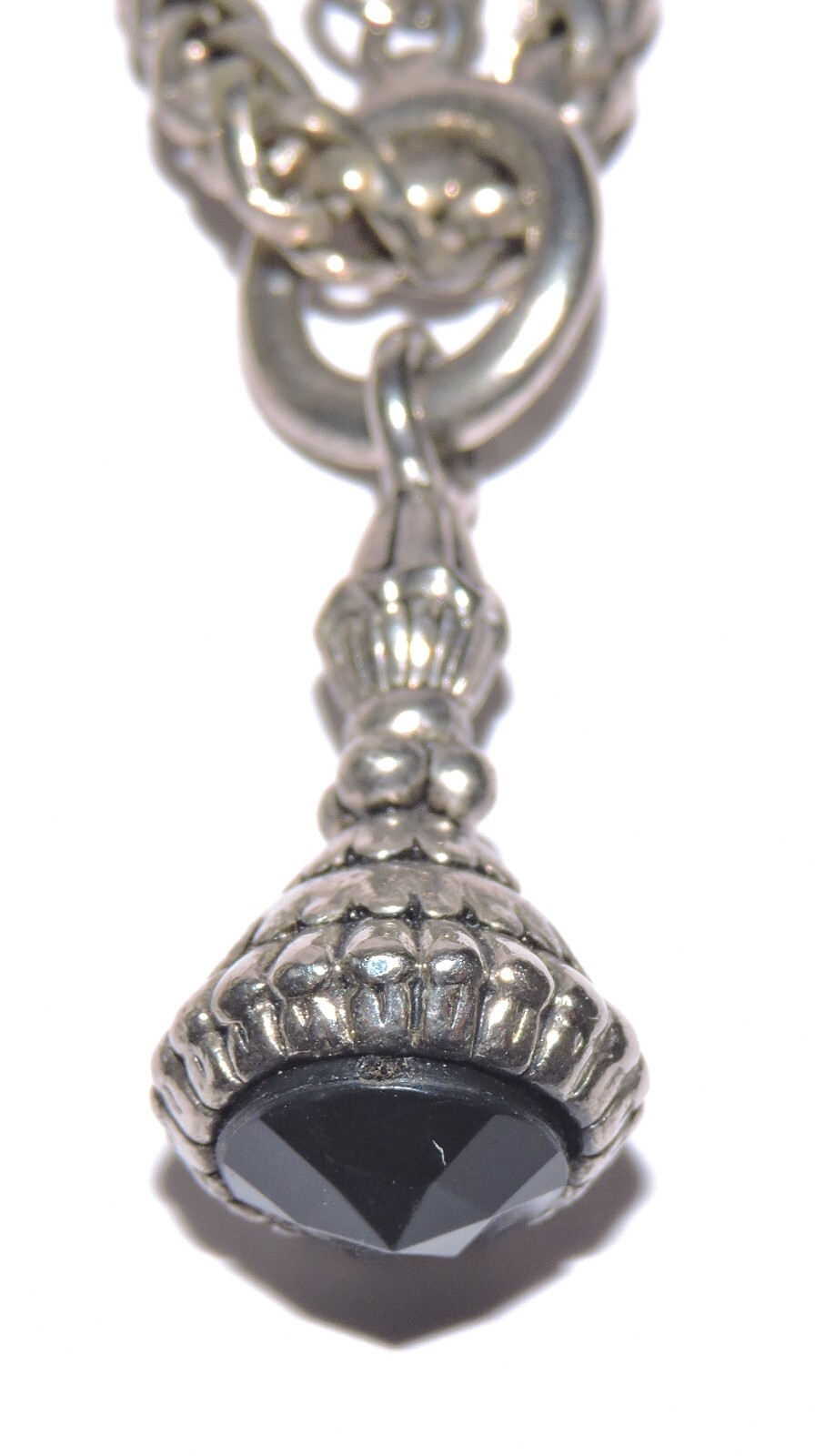 Silver Tone 16″ WHEAT LINK CHAIN NECKLACE Etruscan Style BLACK FOB / AMULET