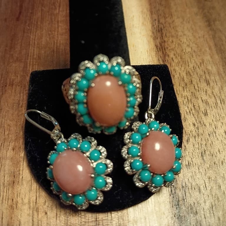 Pink Opal Turquoise Sterling Silver Ring & Earrings w/Gold Vermeil Set Size 9.75