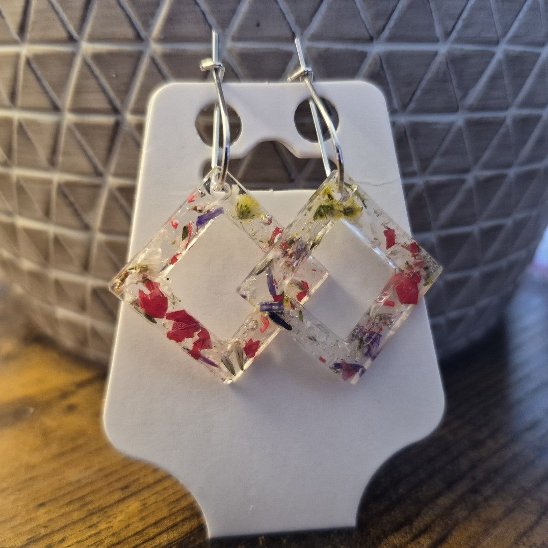 Clear Multicolor Resin Square Dangle/Drop Hook Earrings, No Stone