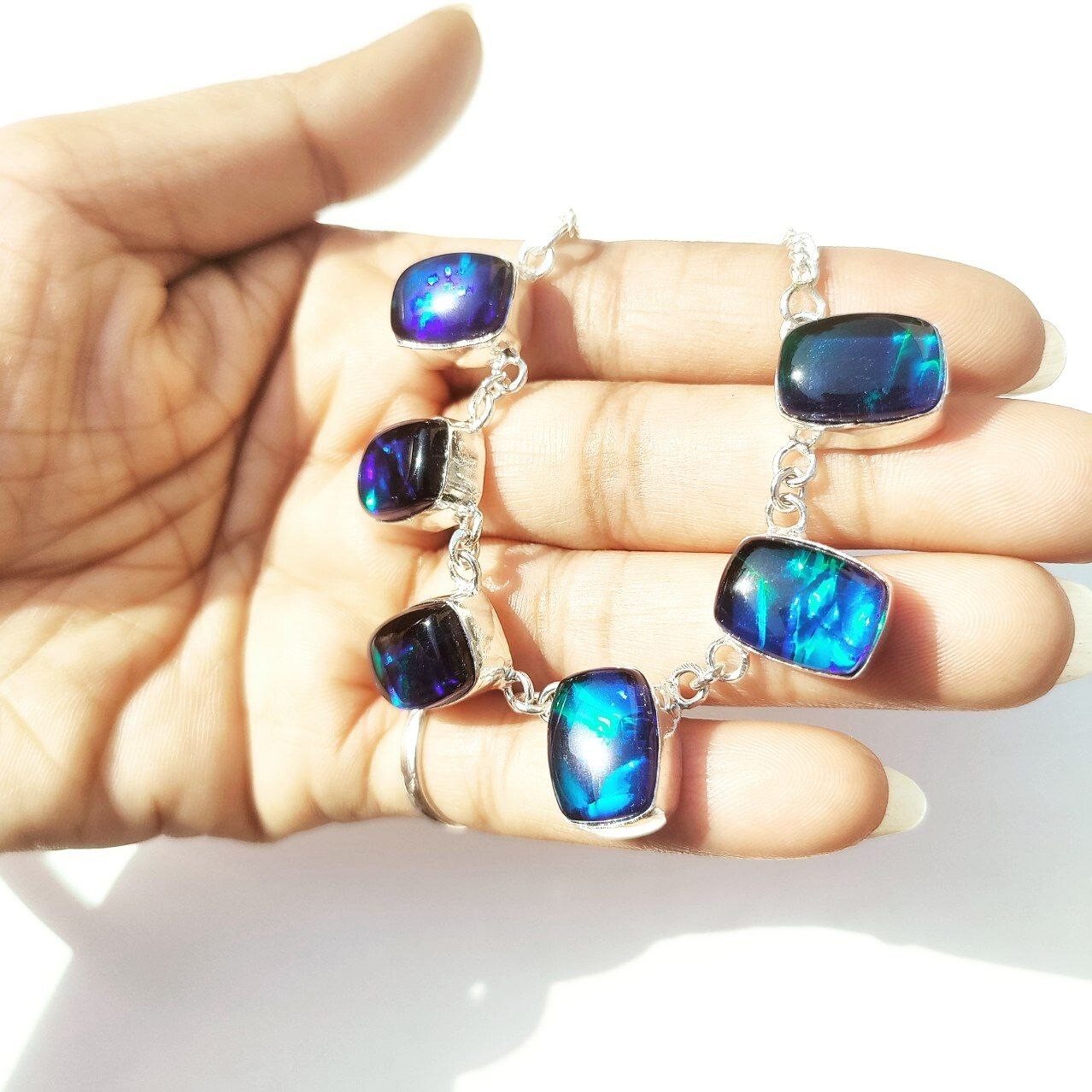 925 Silver Necklace Australian Triplets Opal Gemstone Handmade Jewelry Necklace