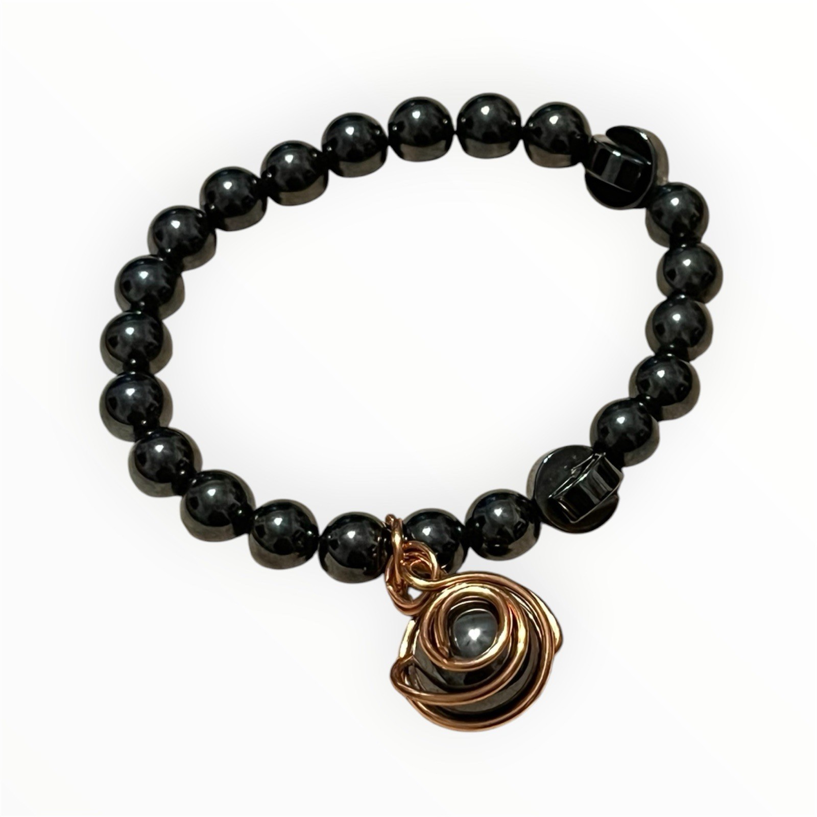 Black Hematite Round Stone Bead Bracelet /Copper Wire-Wrapped Dangle Bracelet