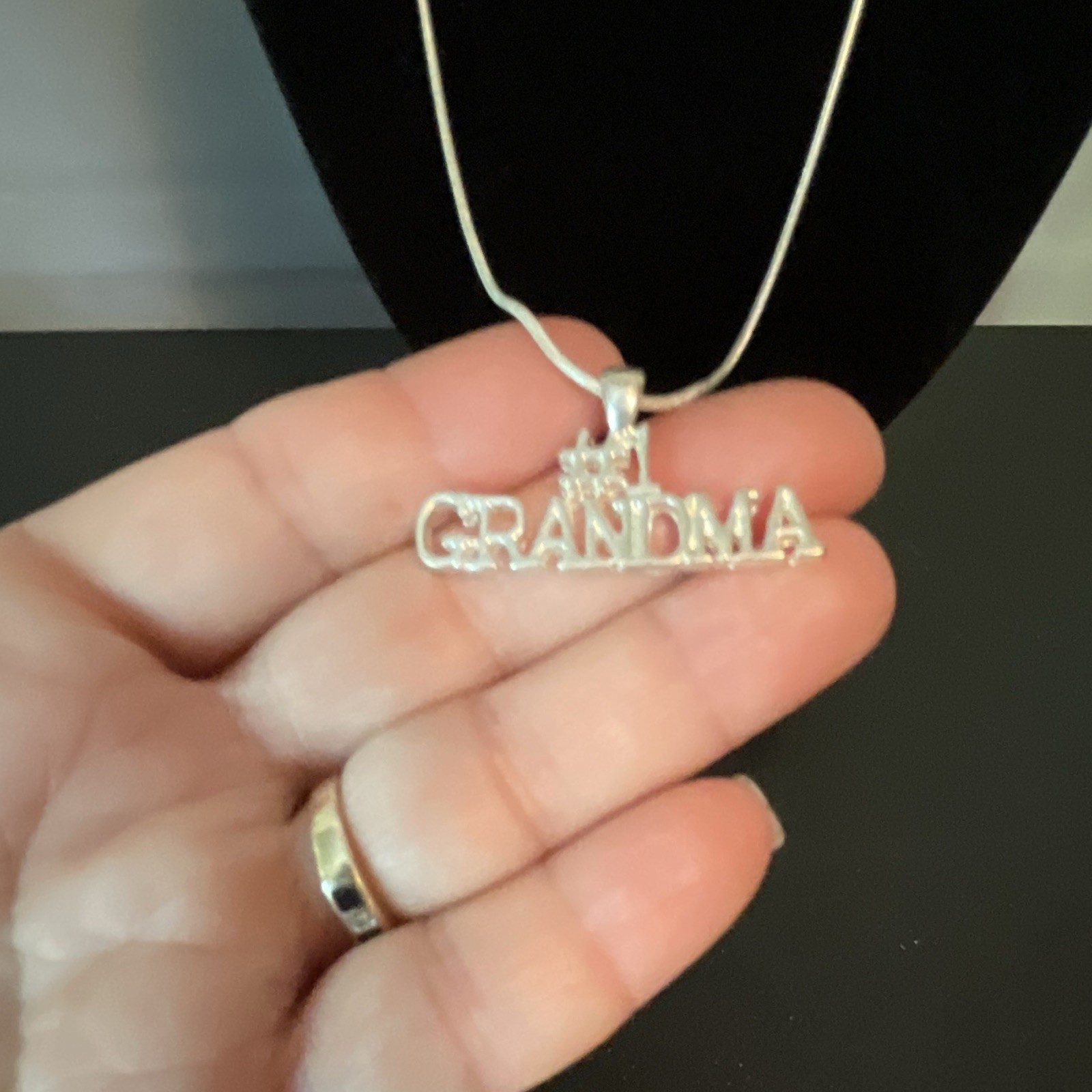 Silver-Tone “GRANDMA” Letter Charm Pendant Snake Chain Necklace w/ Pavé Crystal
