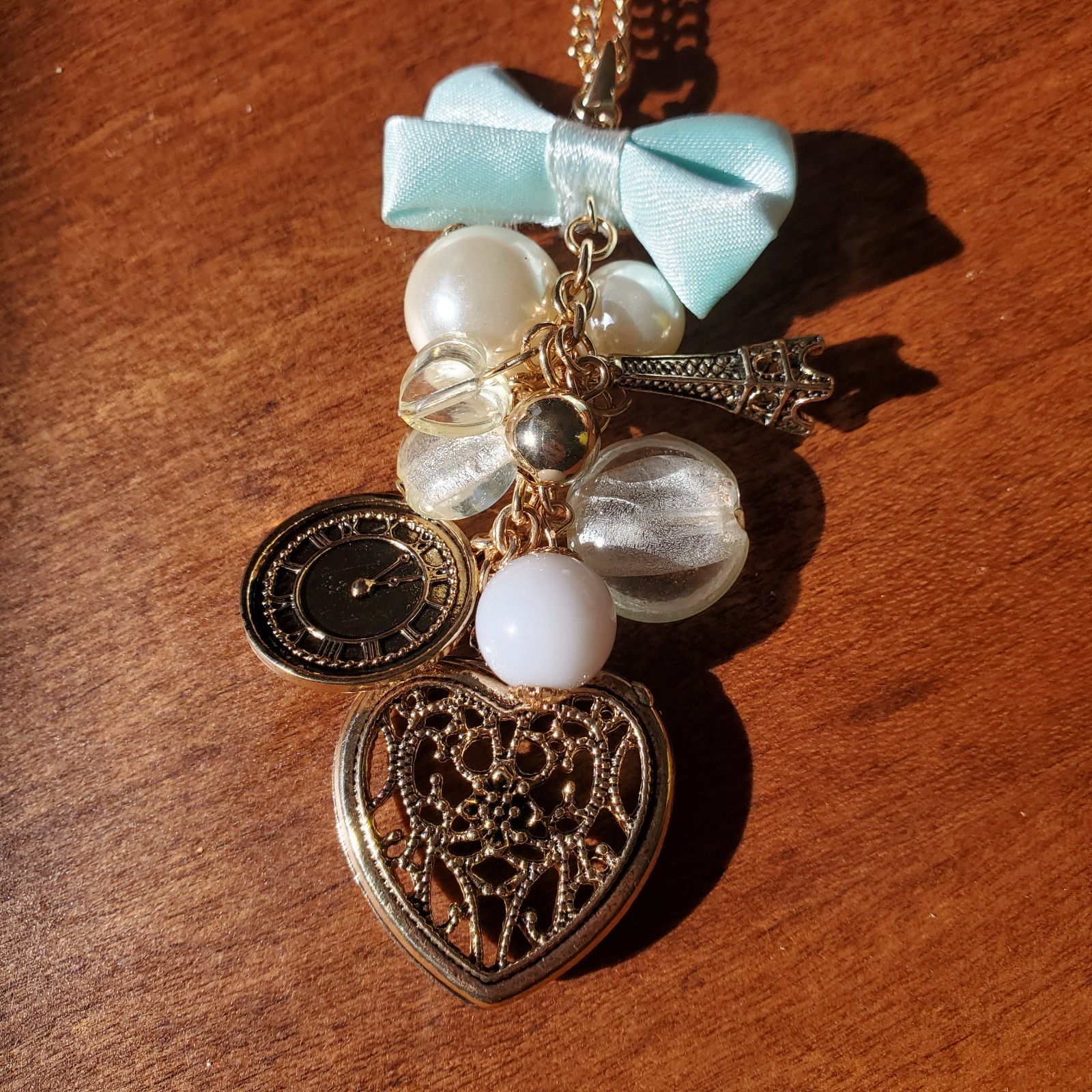 Paris Icons Long Necklace Goldtone – Musee d’Orsay Clock & Eiffel Tower – Heart