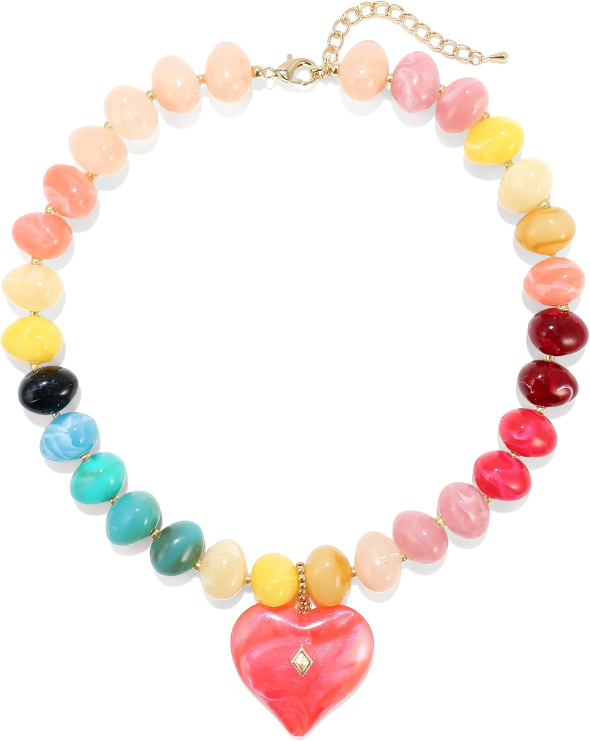 Chunky Heart Necklace for Women, Colorful Acrylic Beaded Statement Puff Heart Ne