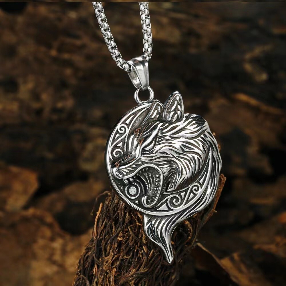 Silver Norse Viking Wolf Head Pendant Necklace Men’s Jewelry Chain 24″ Gift