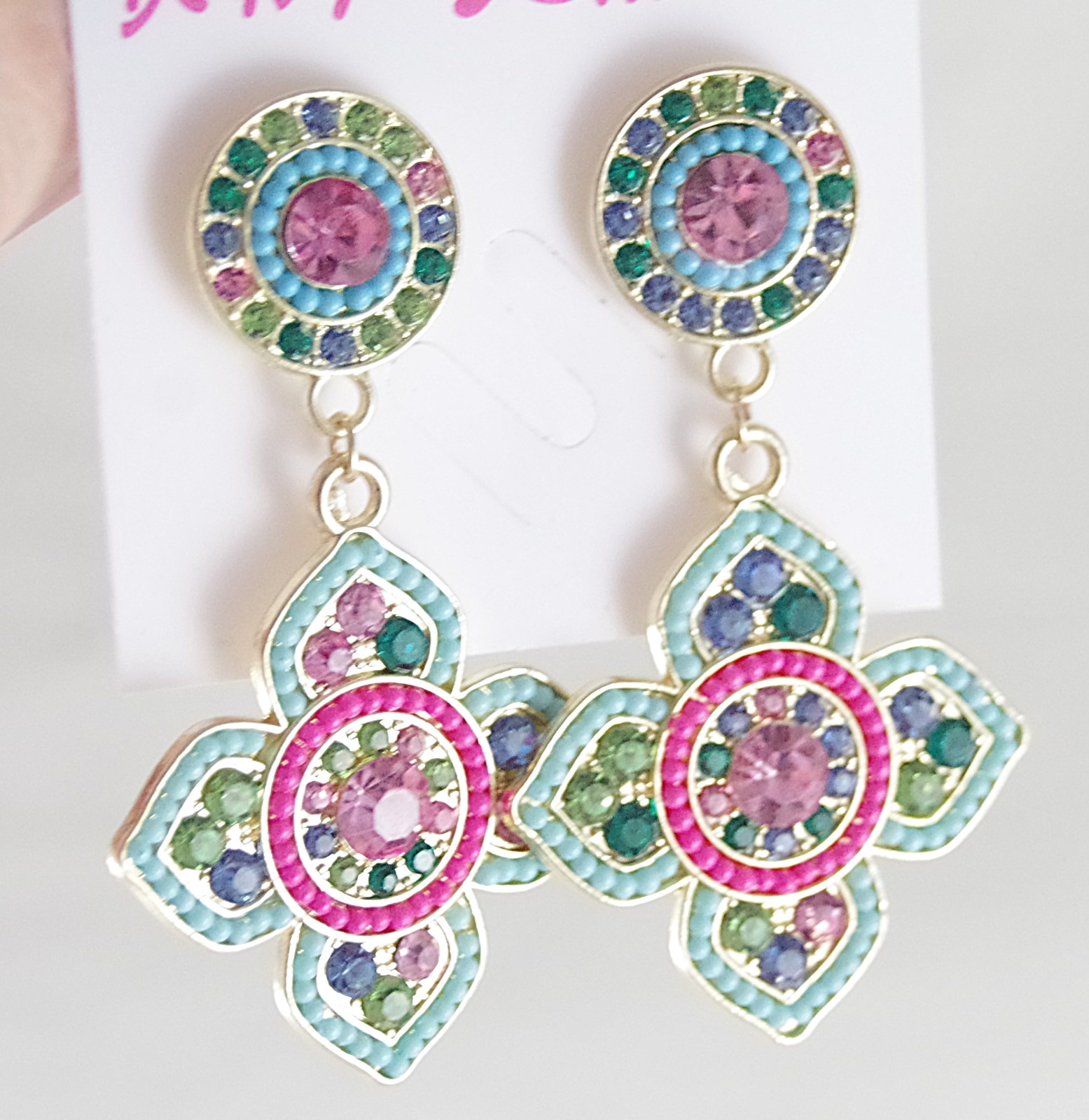 BETSEY JOHNSON BOHEMIAN/ BOHO FLOWER MEDALLION RHINESTONE BEAD DANGLE EARRINGS