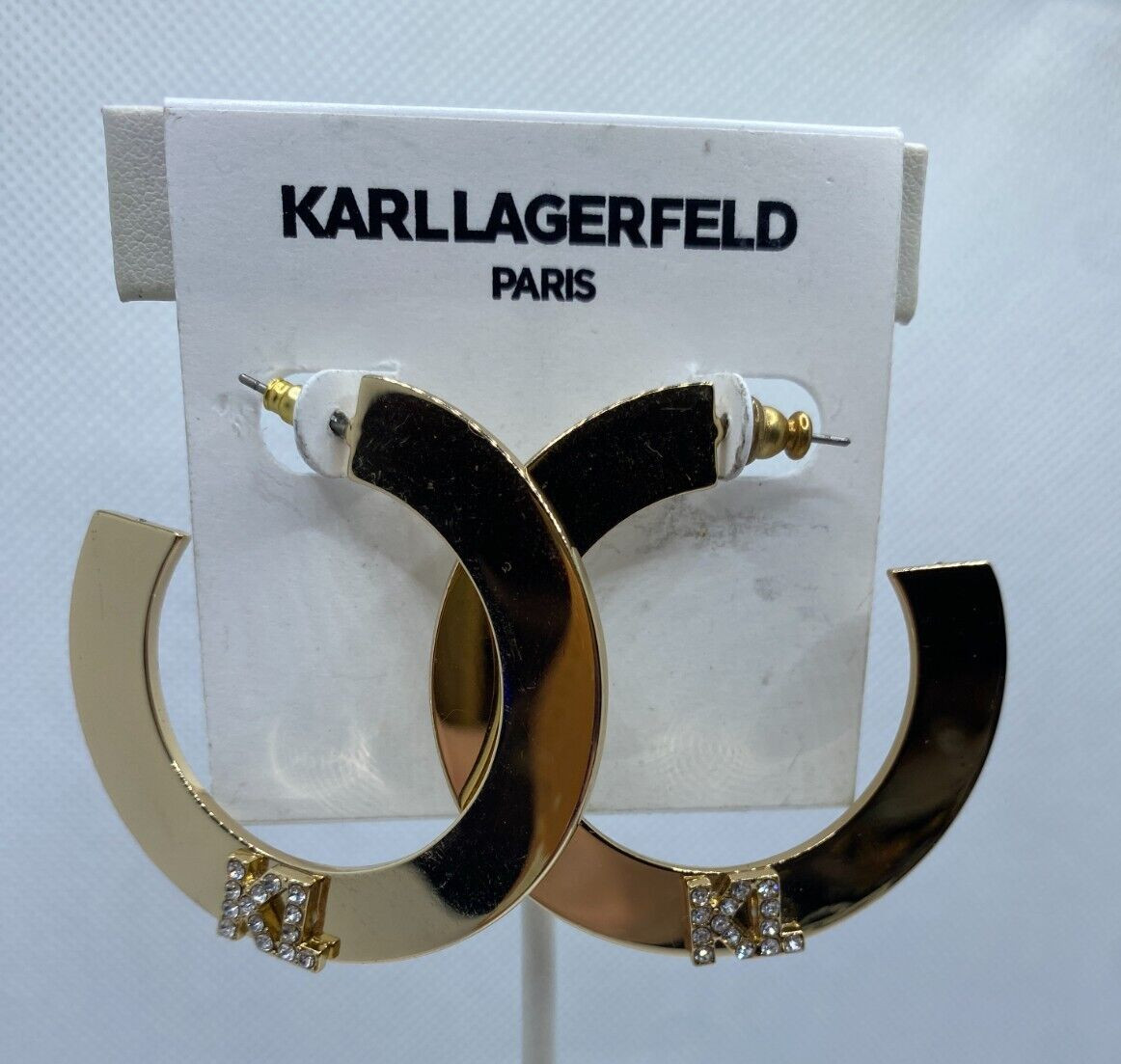 Karl Lagerfeld Gold Plated Flat Hoop Pierced Earrings Crystal KL Logo