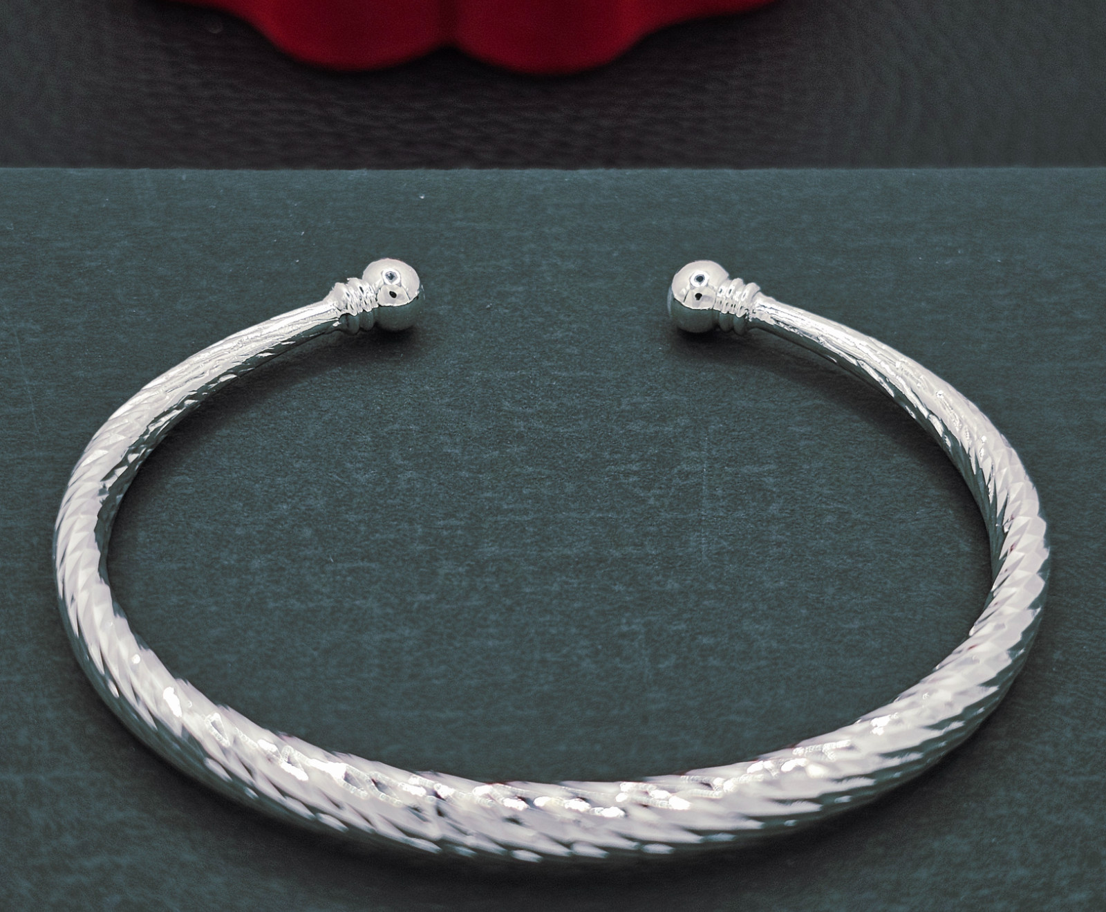 Bangle .925 Sterling Silver Double Ball End Cuff 5 mm Hammered Bracelet 7-7.5 in