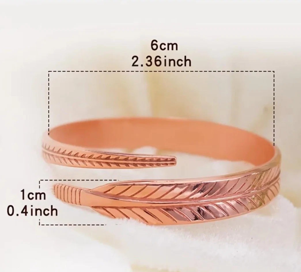 Pure Copper Feather Cuff Bracelet Adjustable Boho Open Bangle Nature Inspired